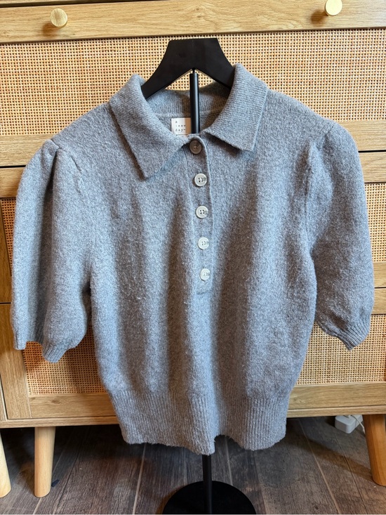 a new day Tops - a new day Heather Gray Short Puff Sleeve Collared Knit Top